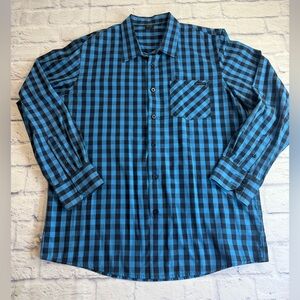 Oakley Men's Blue and Black Plaid Button Down Long Sleeve Shirt. Size Large.